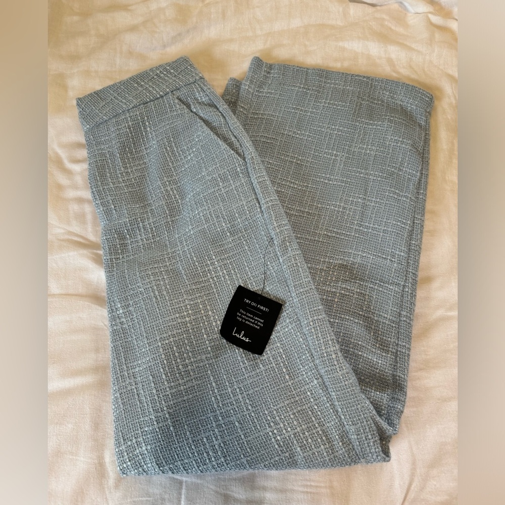 NWT Lulu’s Chic Light Blue Tweed Wide-Leg Pants - Picture 5 of 8